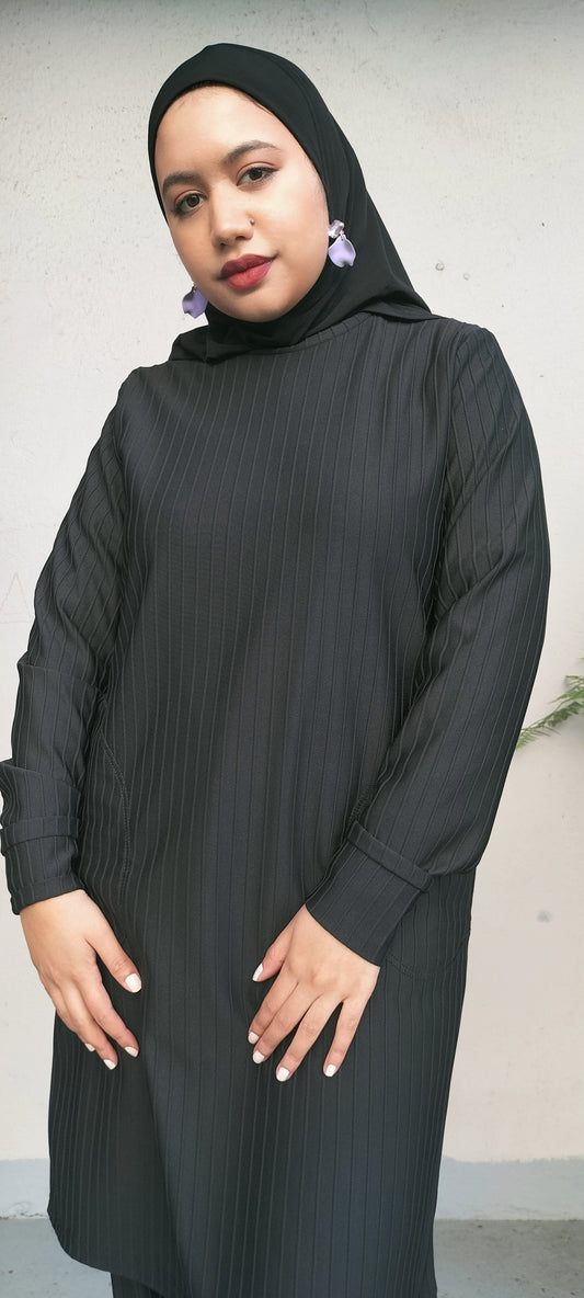 Black Ribbed Modest Set | Elegant Longline Tunic and Trousers | Regal Couture | Cape Town Modest Wear